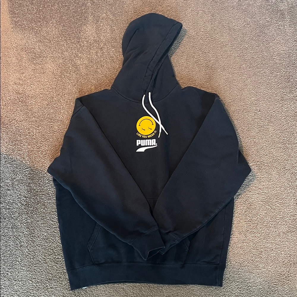 PUMA Women's Black Hoodie with Yellow Smiley Logo